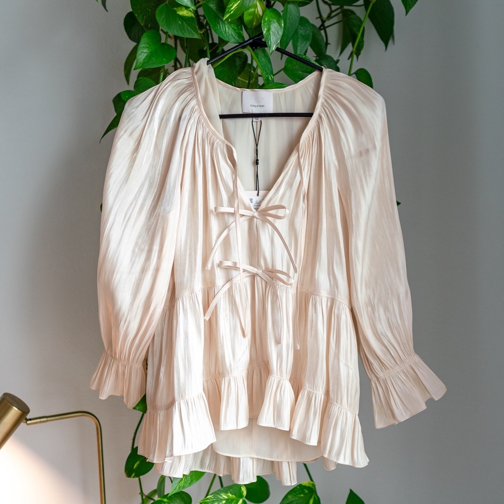 Cinq à Sept shiny champagne long-sleeve bow top